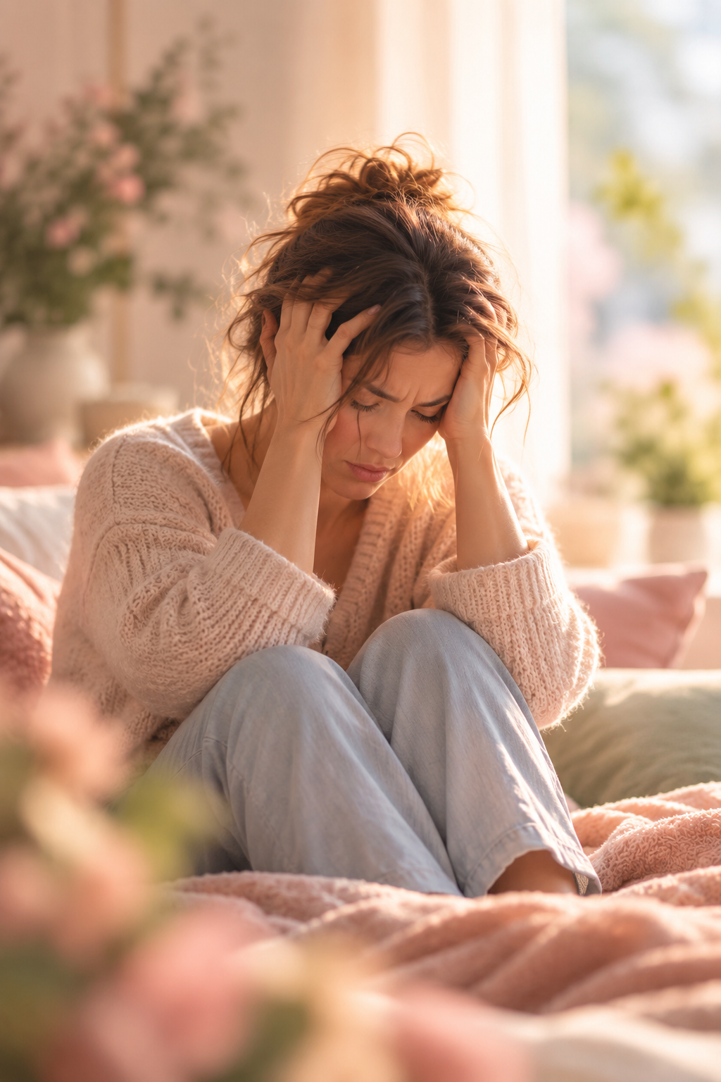 Femme anxieuse dans une chambre baignée de lumière dorée